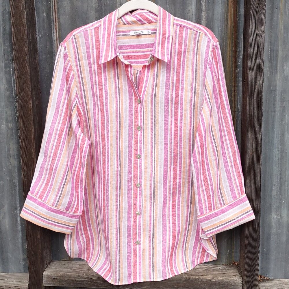Chico's 100% Linen Women's Button Up Blouse 3/4 Sleeve Multicolor Stripe  US 12